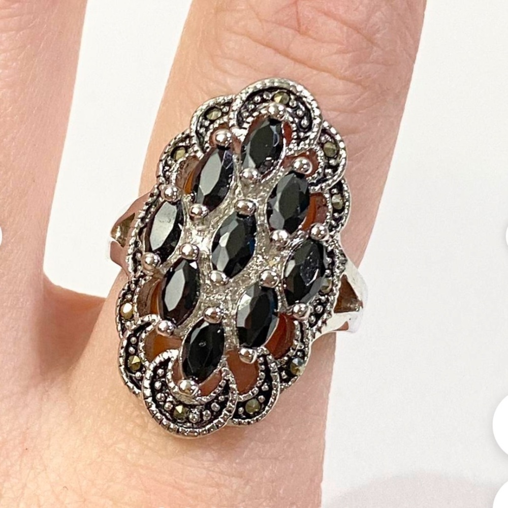 Vintage Marcasite and Mirror Marquis Filigree Silver Tone Statement Ring